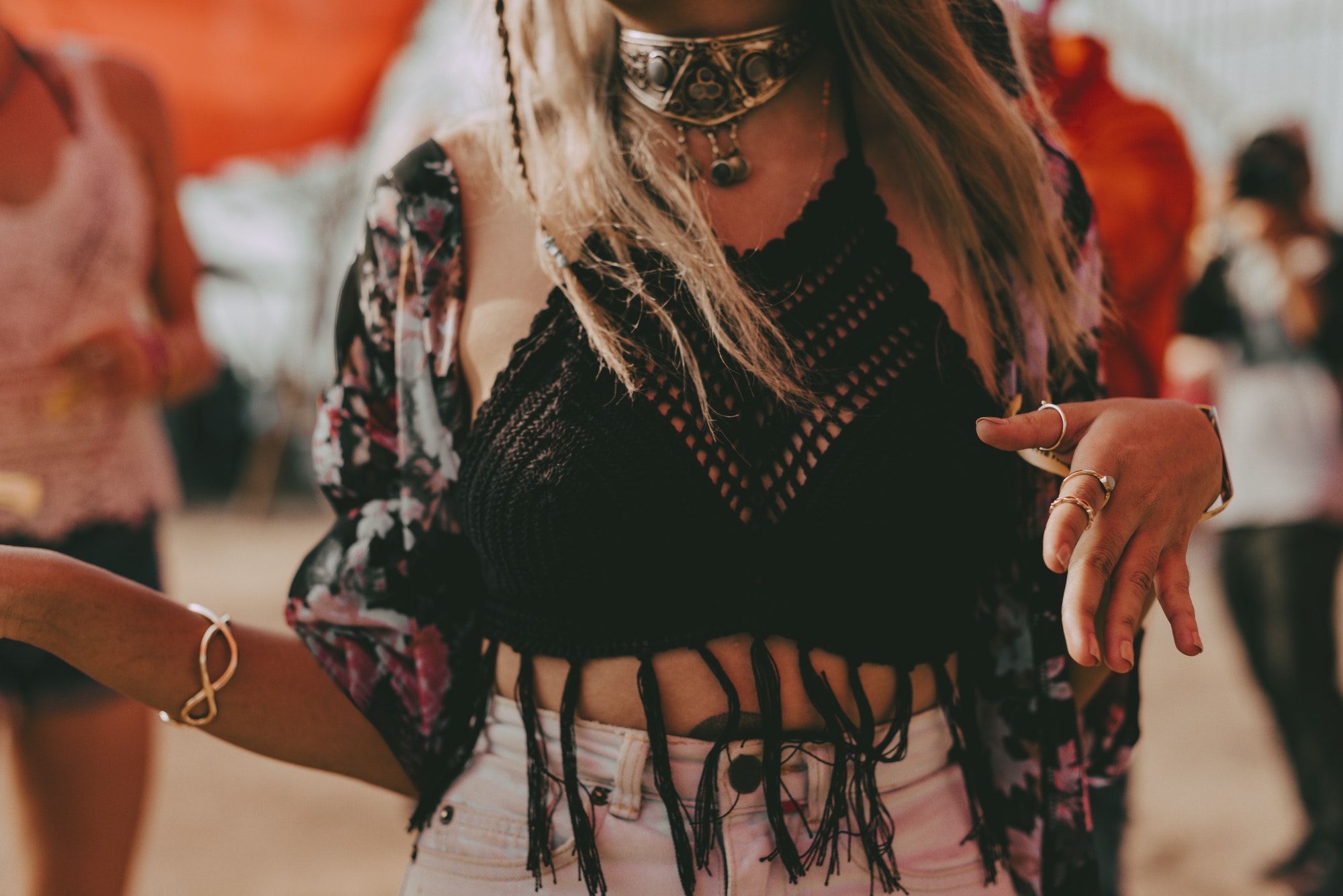 Summer music festival aesthetic, boho girl fashion photo